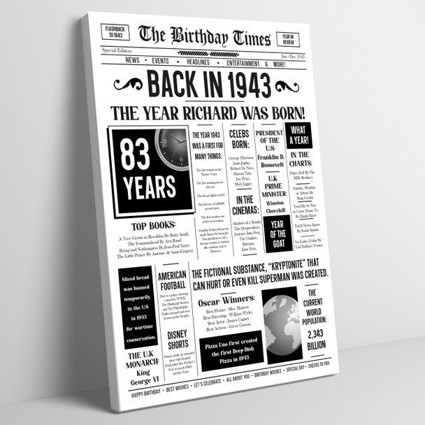 Born In 1943 White Newspaper Birthday Facts Any Year Any Age Personalised Print