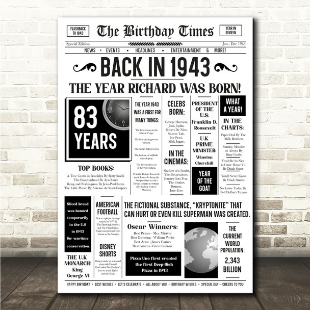 Born In 1943 White Newspaper Birthday Facts Any Year Any Age Personalised Print