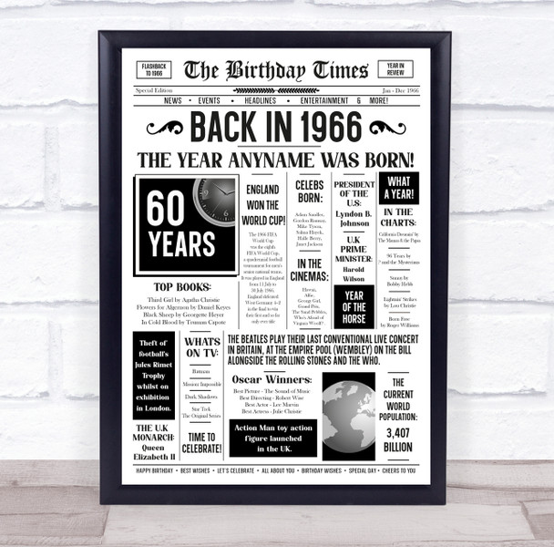 Born In 1966 White Newspaper Birthday Facts Any Year Any Age Personalised Print