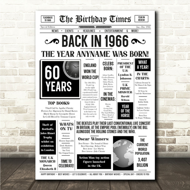 Born In 1966 White Newspaper Birthday Facts Any Year Any Age Personalised Print