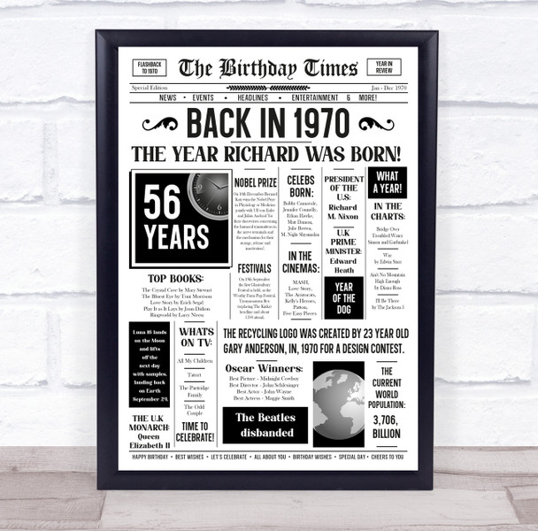 Born In 1970 White Newspaper Birthday Facts Any Year Any Age Personalised Print