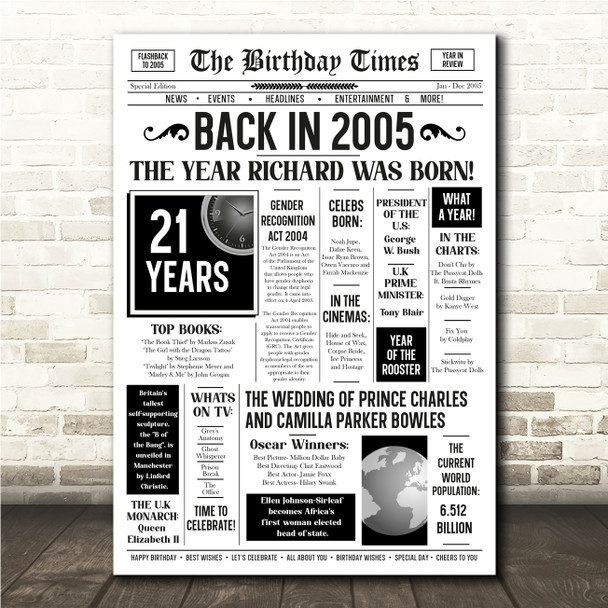 Born In 2005 White Newspaper Birthday Facts Any Year Any Age Personalised Print
