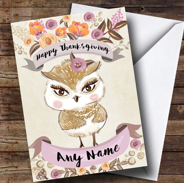 Pretty Owl Personalised Thanksgiving Card