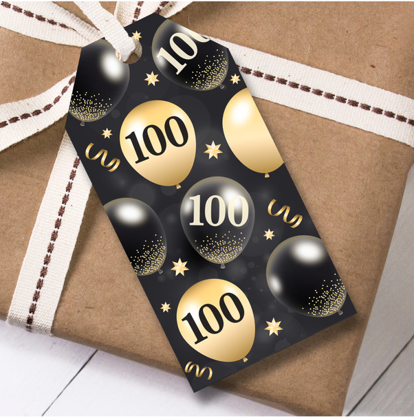 12 Large Gift Tags 100th Birthday Black & Gold Balloons Birthday