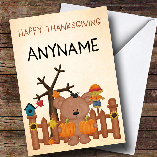 Scarecrow, Teddy & Pumpkin Personalised Thanksgiving Card