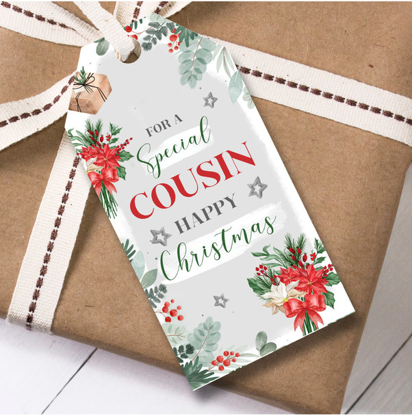 Christmas 12 Large Gift Tags For Cousin Female Flowers Heart Grey Christmas