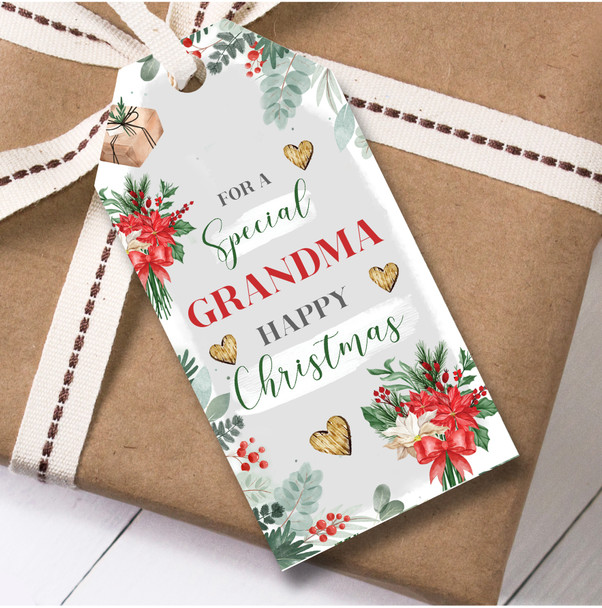 Christmas 12 Large Gift Tags For Grandma Flowers Heart Grey Christmas
