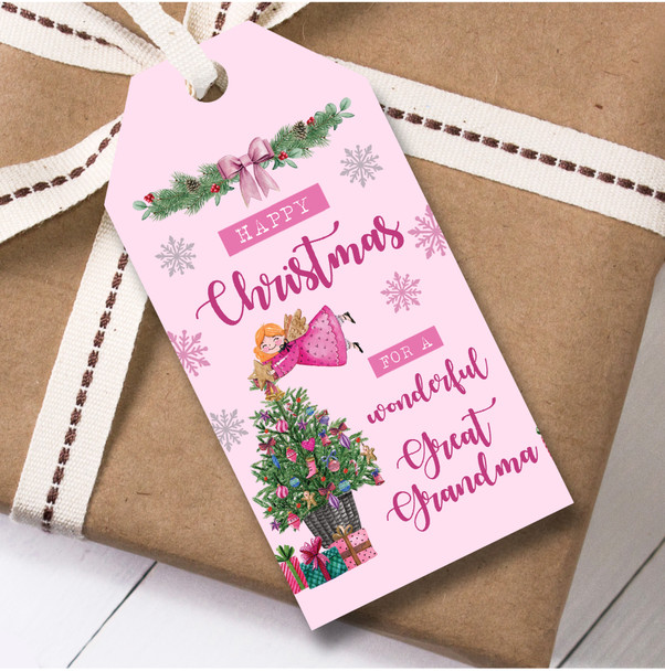 Christmas 12 Large Gift Tags For Great Grandma Pink Fairy Christmas Tree