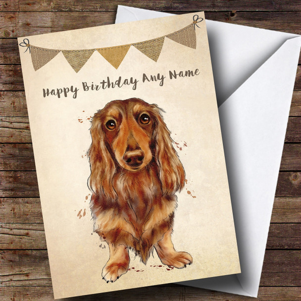 Vintage Burlap Bunting Dog Long Haired Dachshund Personalised Birthday Card