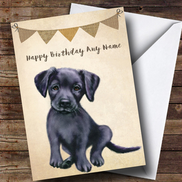 Vintage Burlap Bunting Dog Black Labrador Puppy Personalised Birthday Card