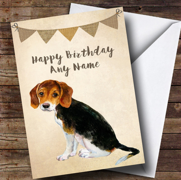 Vintage Burlap Bunting Watercolour Beagle Dog Personalised Birthday Card