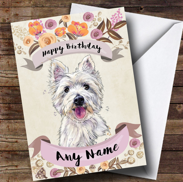 Rustic Gold Dog Westie West Highland Terrier Personalised Birthday Card