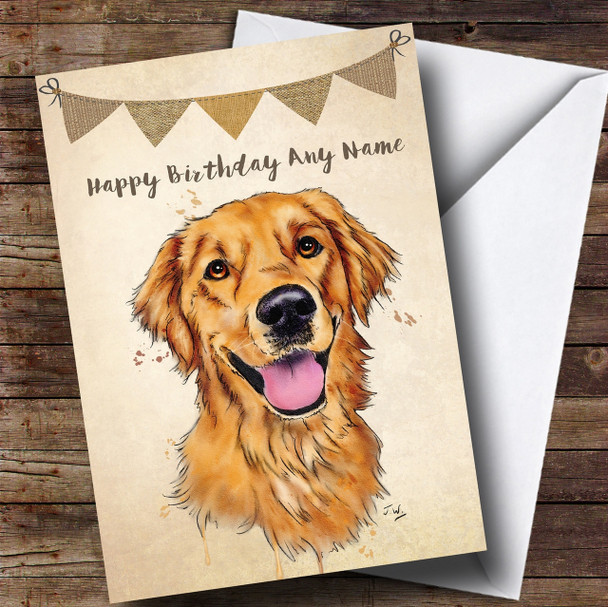 Vintage Burlap Bunting Dog Golden Retriever Personalised Birthday Card