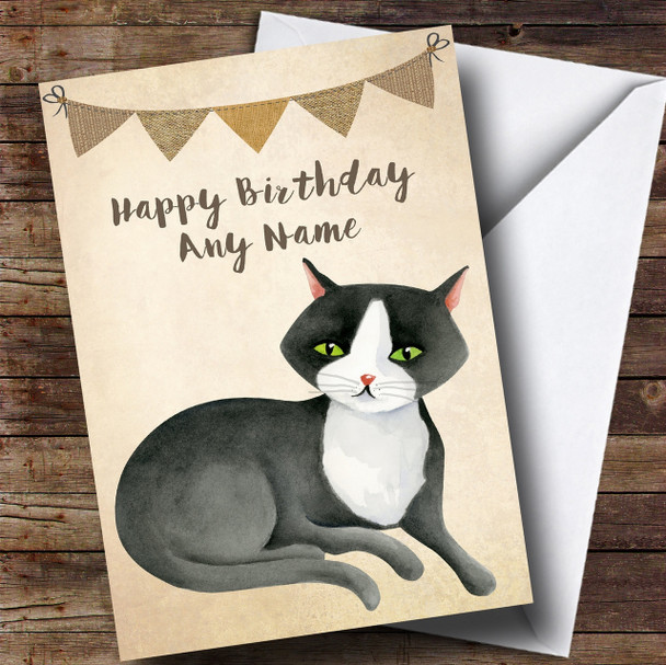 Vintage Burlap Bunting Black & White Cat Personalised Birthday Card