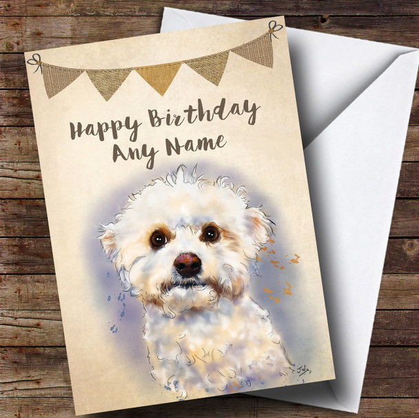 Vintage Burlap Bunting Bichon Frise Dog Personalised Birthday Card