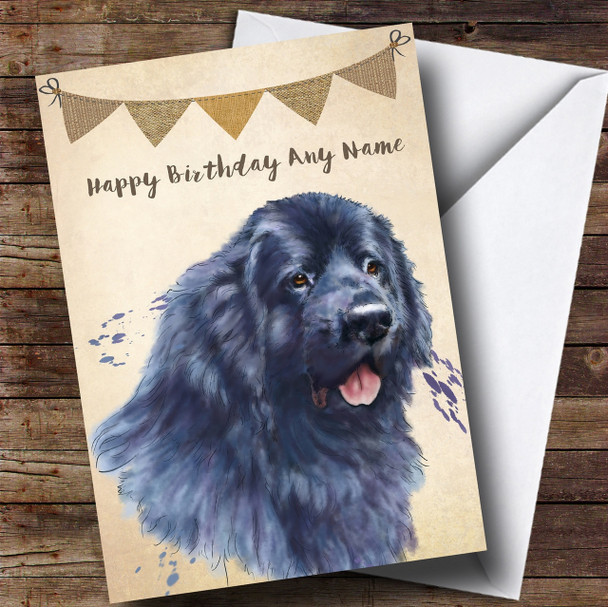 Vintage Burlap Bunting Dog Newfoundland Personalised Birthday Card