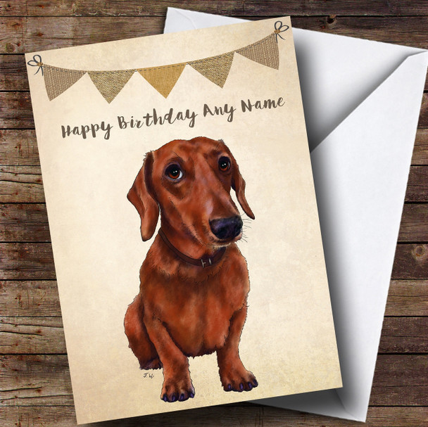 Vintage Burlap Bunting Dog Dachshund Personalised Birthday Card