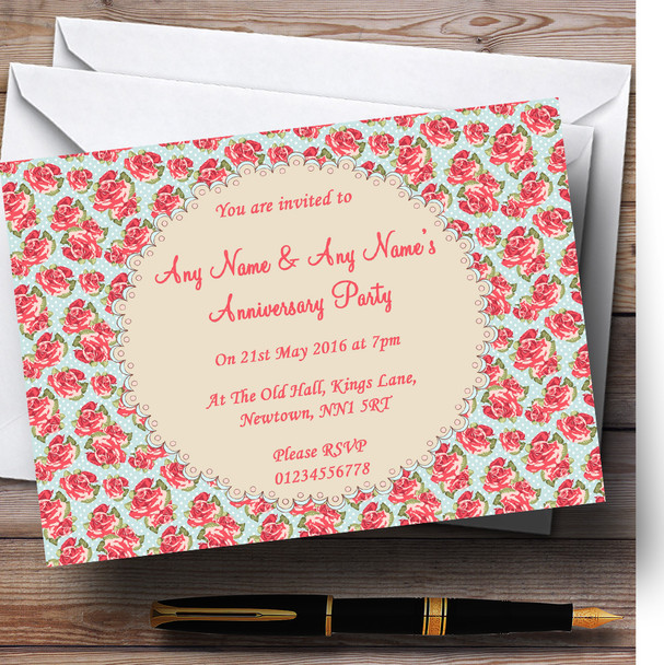 Blue And Coral Pink Floral Shabby Chic Chintz Personalised Anniversary Party Invitations