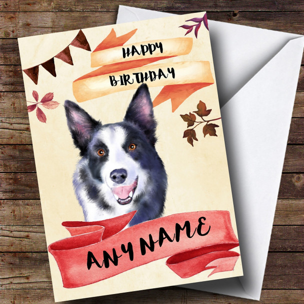 Watercolour Rustic Dog Border Collie Personalised Birthday Card