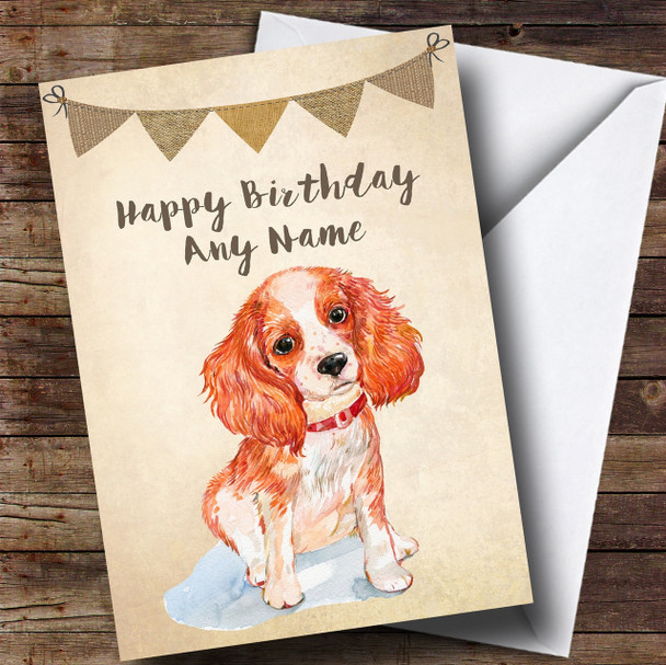 Vintage Burlap Bunting Spaniel Dag Personalised Birthday Card