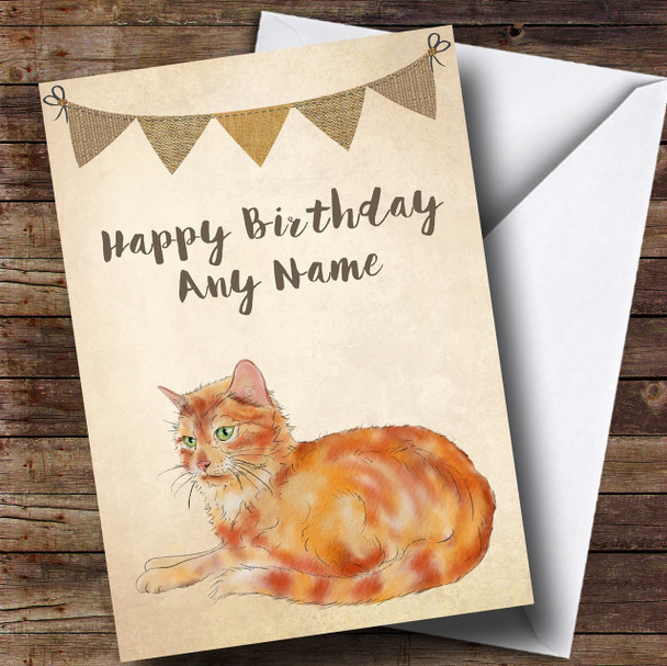 Vintage Burlap Bunting Ginger Cat Personalised Birthday Card