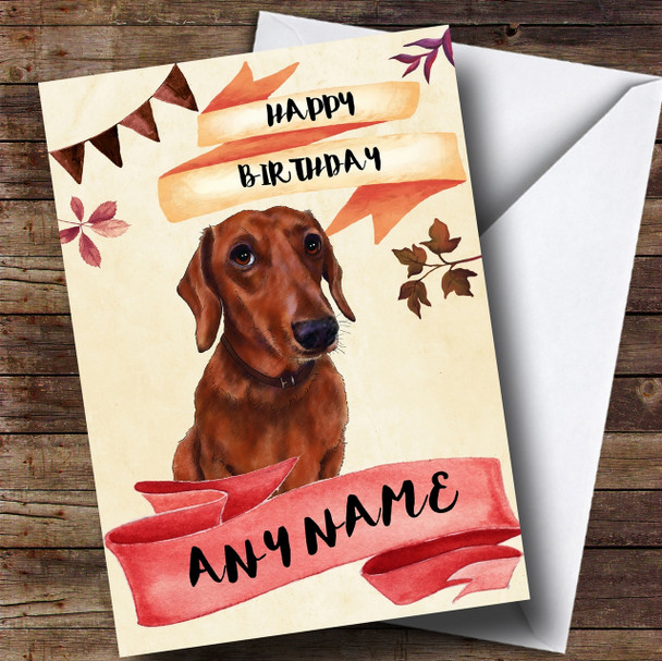 Watercolour Rustic Dog Dachshund Personalised Birthday Card