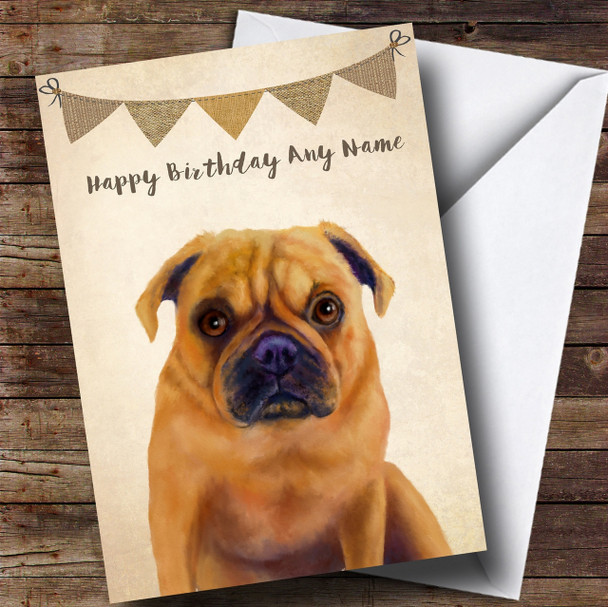 Vintage Burlap Bunting Dog Pug Personalised Birthday Card