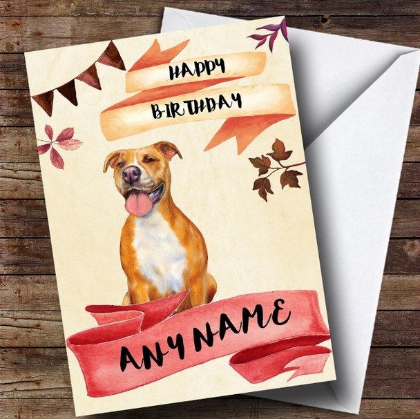 Watercolour Rustic Dog Pitbull Personalised Birthday Card