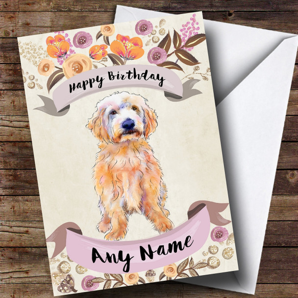 Rustic Gold Dog Labradoodle Personalised Birthday Card