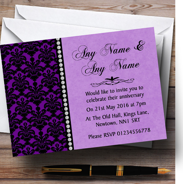 Cadbury Purple Black Damask & Diamond Personalised Anniversary Party Invitations