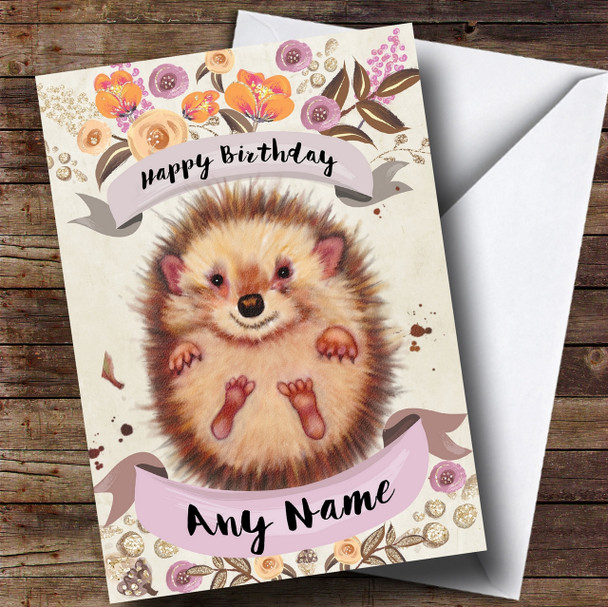 Rustic Gold Hedgehog Personalised Birthday Card