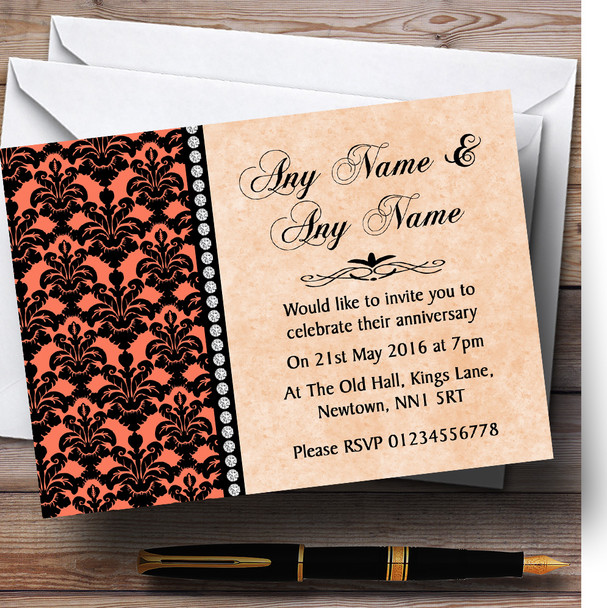 Coral Black Damask & Diamond Personalised Anniversary Party Invitations