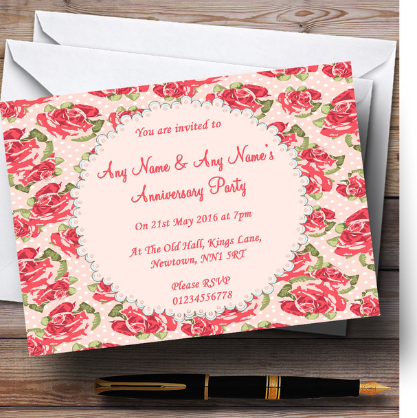 Coral Pink Floral Shabby Chic Chintz Personalised Anniversary Party Invitations