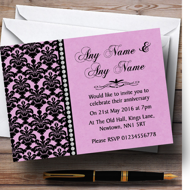 Dusky Rose Pink Black Damask & Diamond Personalised Anniversary Party Invitations