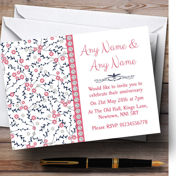 Dusty Coral Pink And Navy Blue Floral Personalised Anniversary Party Invitations