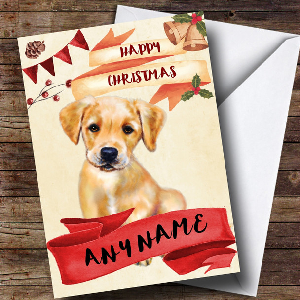 Watercolour Rustic Dog Golden Labrador Puppy Personalised Christmas Card