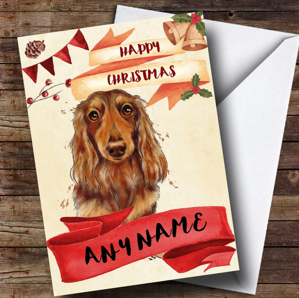 Watercolour Rustic Dog Long Haired Dachshund Personalised Christmas Card