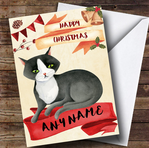 Watercolour Rustic Black and White Cat Personalised Christmas Card