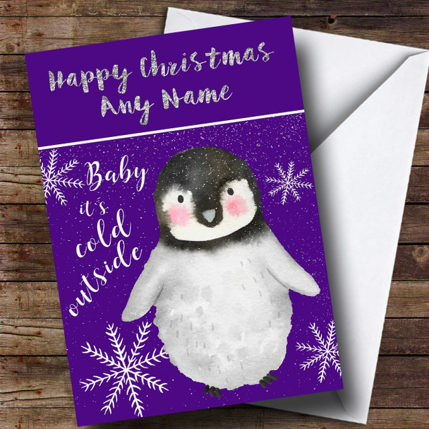 Cold Outside Snow Purple Penguin Personalised Christmas Card