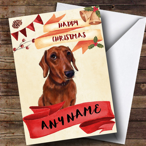 Watercolour Rustic Dog Dachshund Personalised Christmas Card