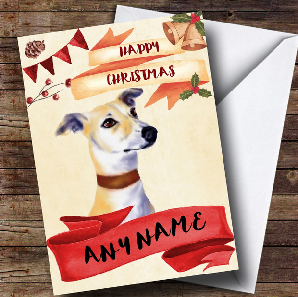 Watercolour Rustic Dog Lurcher Personalised Christmas Card