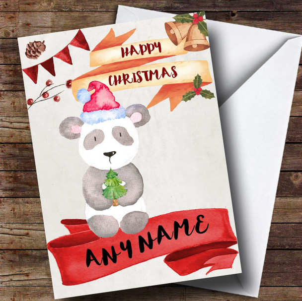 Watercolour Rustic Panda Personalised Christmas Card