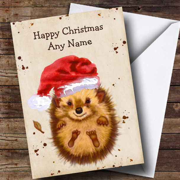Cute Watercolour Hedgehog Santa Hat Personalised Childrens Christmas Card