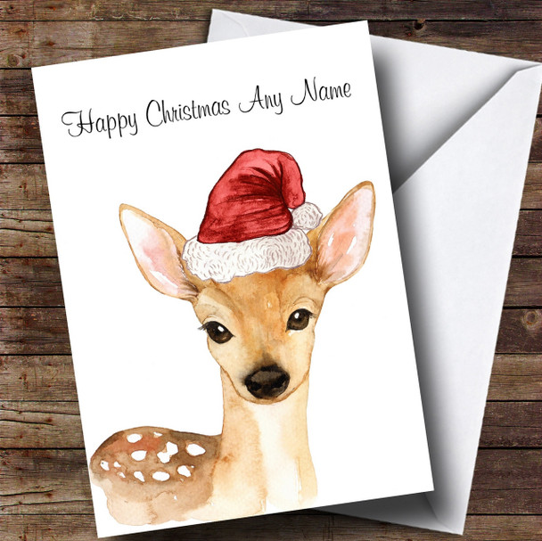 Cute Watercolour Deer Santa Hat Personalised Childrens Christmas Card