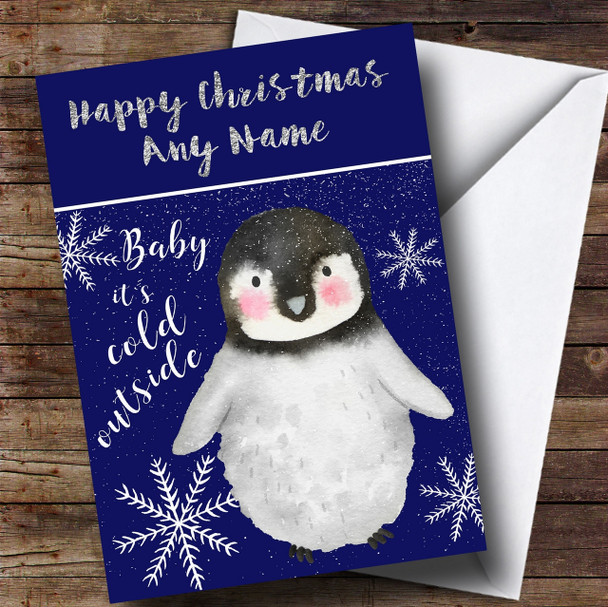 Cold Outside Snow Blue Penguin Personalised Childrens Christmas Card