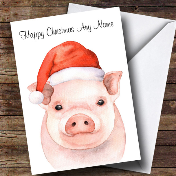 Cute Watercolour Pig Santa Hat Personalised Childrens Christmas Card