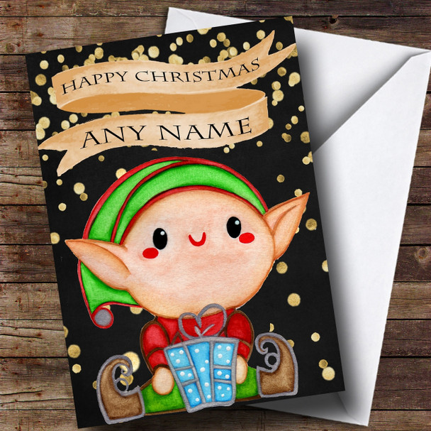 Golden Confetti Elf & Present Personalised Childrens Christmas Card