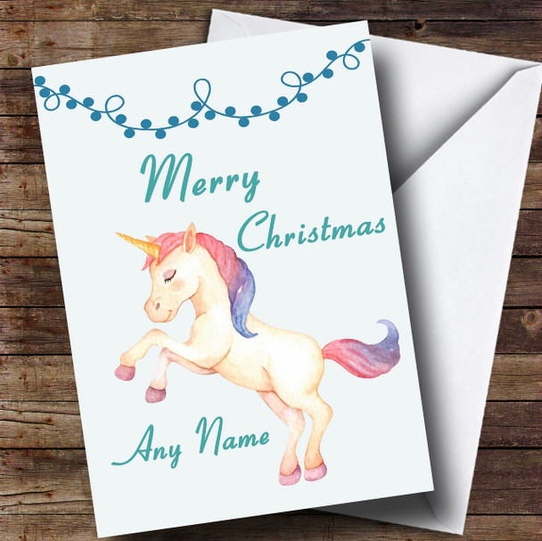 Watercolour Standing Unicorn Personalised Childrens Christmas Card