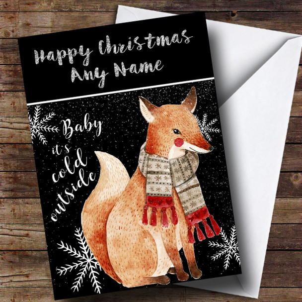 Cold Outside Snow Black Fox Personalised Childrens Christmas Card