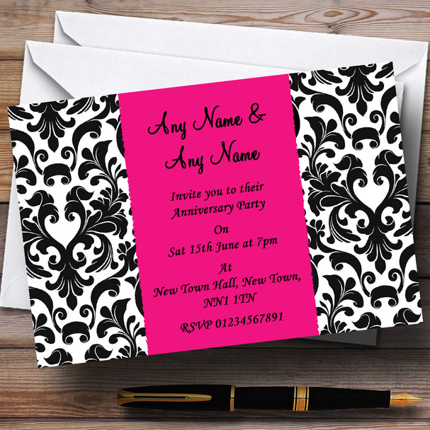 Black White & Pink Damask Wedding Anniversary Party Personalised Invitations